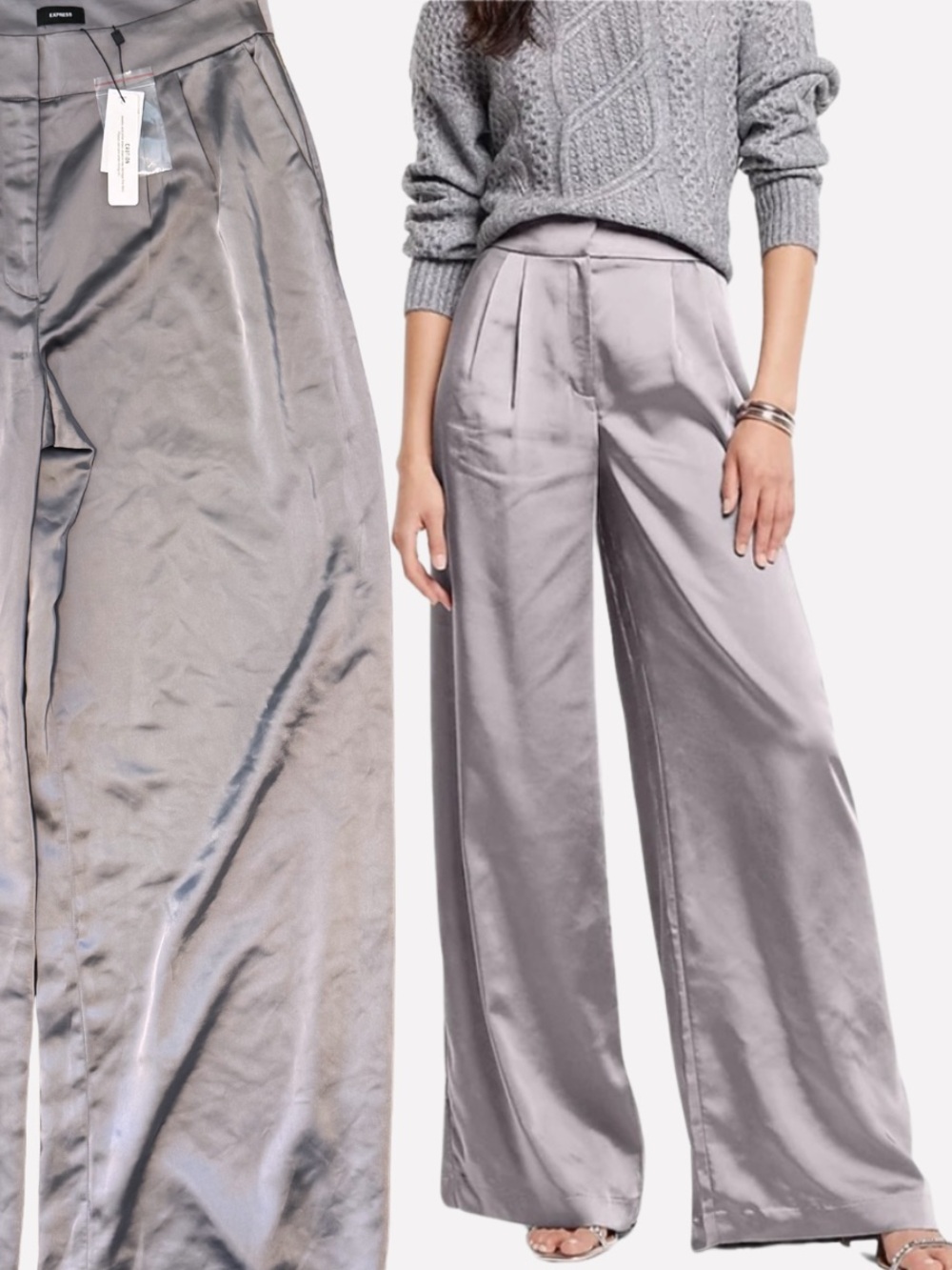 NWT Express Super High Waisted Satin Pleated Wide Leg Pants Mountain Gray 8R